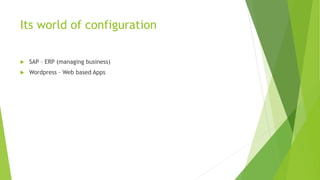 Its world of configuration
 SAP – ERP (managing business)
 Wordpress – Web based Apps
 
