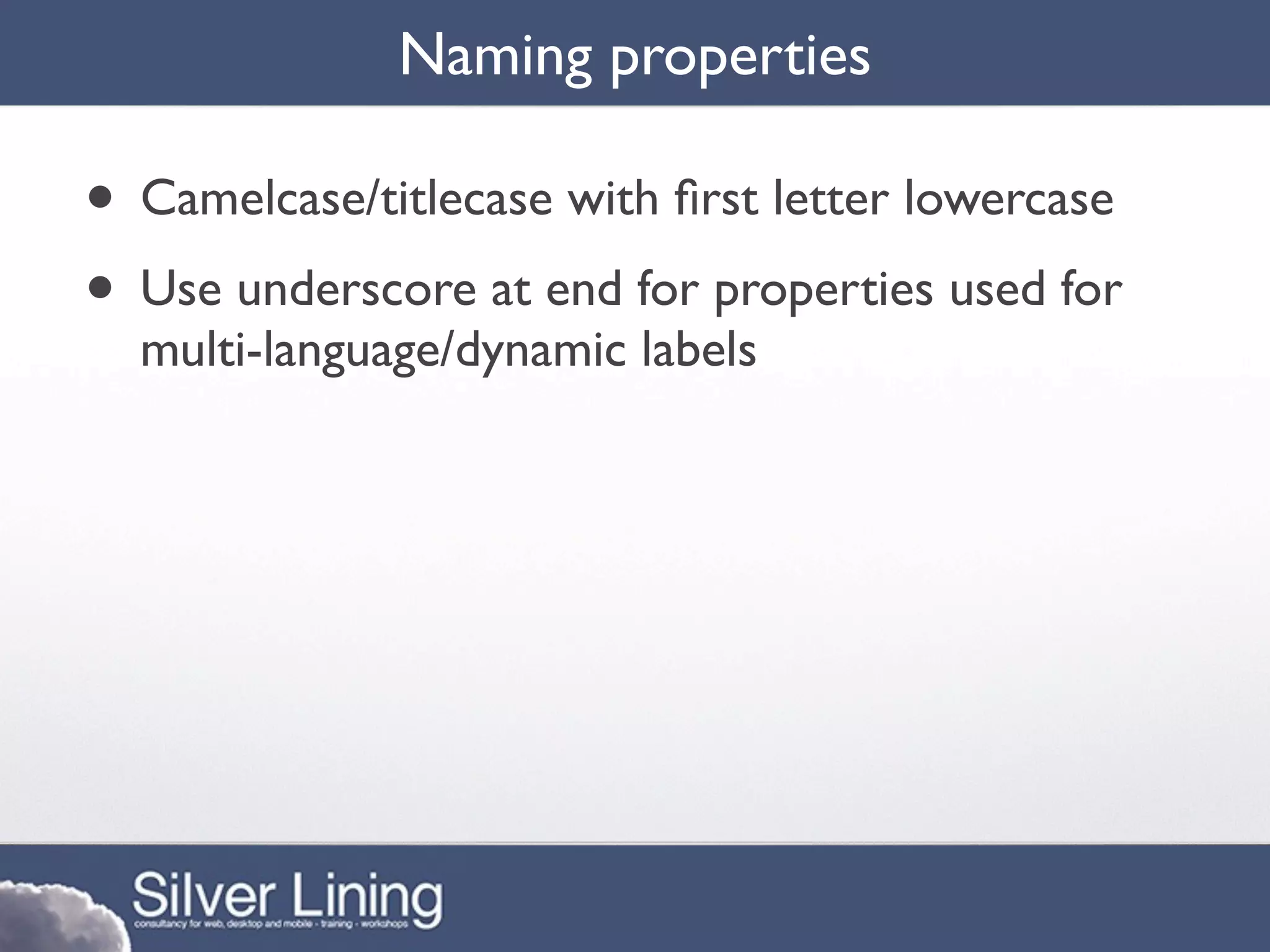 Naming properties

• Camelcase/titlecase with ﬁrst letter lowercase
• Use underscore at end for properties used for
  multi-language/dynamic labels
 
