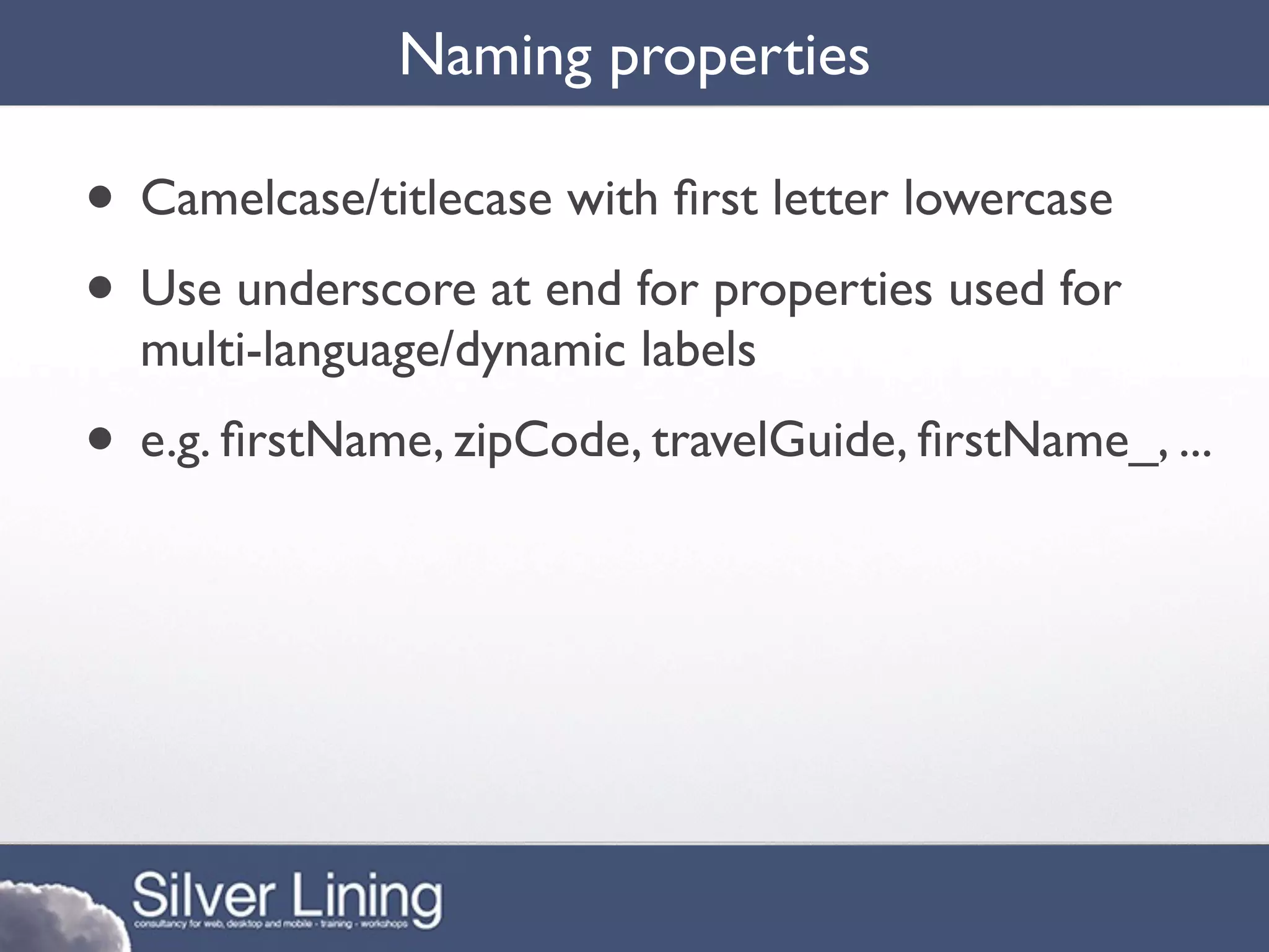 Naming properties

• Camelcase/titlecase with ﬁrst letter lowercase
• Use underscore at end for properties used for
  multi-language/dynamic labels
• e.g. ﬁrstName, zipCode, travelGuide, ﬁrstName_, ...
 
