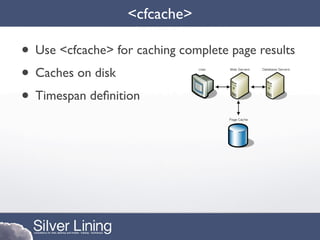 <cfcache>

• Use <cfcache> for caching complete page results
• Caches on disk
• Timespan deﬁnition
 