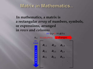 In mathematics, a matrix is
a rectangular array of numbers, symbols,
or expressions, arranged
in rows and columns.
 