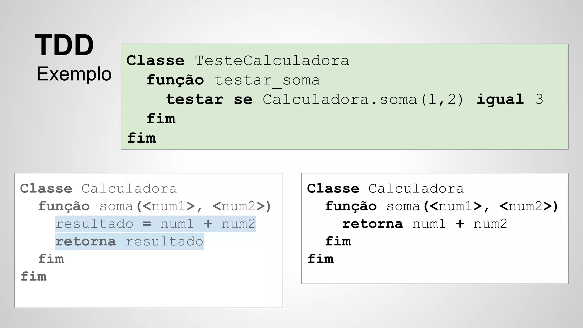 Classe TesteCalculadora 
função testar_soma 
testar se Calculadora.soma(1,2) igual 3 
fim 
fim 
TDD 
Exemplo 
Classe Calculadora 
função soma(<num1>, <num2>) 
retorna num1 + num2 
fim 
fim 
Classe Calculadora 
função soma(<num1>, <num2>) 
resultado = num1 + num2 
retorna resultado 
fim 
fim 
 