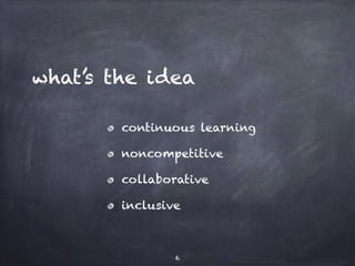 what’s the idea 
continuous learning 
noncompetitive 
collaborative 
inclusive 
6 
 