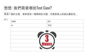 想想：我們需要哪些Test Case?
身為一個計分員，我希望有一個網球計分器，方便我馬上知道比賽狀況。
AC:
Initial 0:0
A 15:0
 