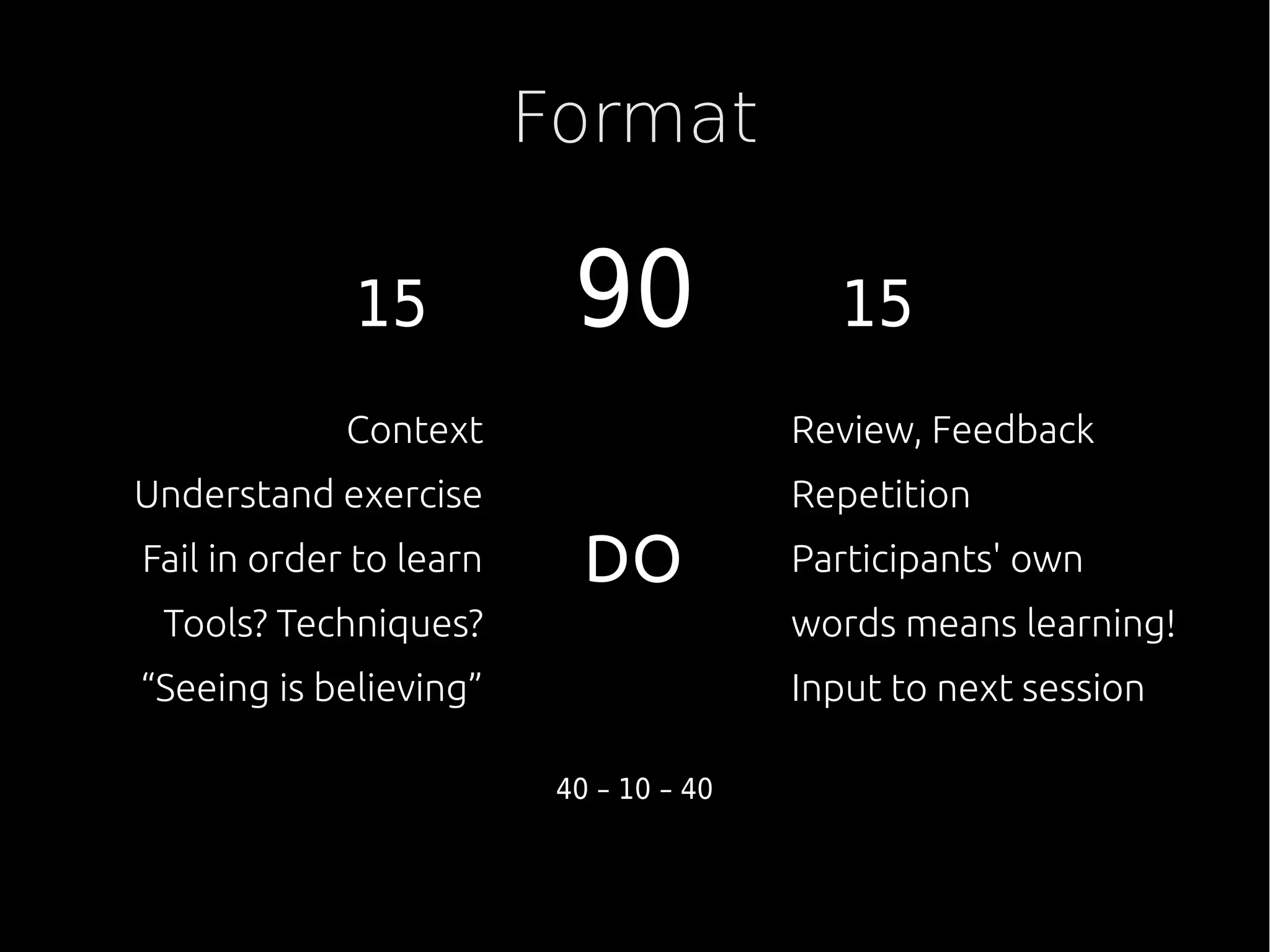 Format
15 90 15
40 – 10 – 40
Context
Understand exercise
Fail in order to learn
Tools? Techniques?
“Seeing is believing”
DO
Review, Feedback
Repetition
Participants' own
words means learning!
Input to next session
 