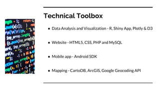 Technical Toolbox
● Data Analysis and Visualization - R, Shiny App, Plotly & D3
● Website - HTML5, CSS, PHP and MySQL
● Mobile app - Android SDK
● Mapping - CartoDB, ArcGIS, Google Geocoding API
 