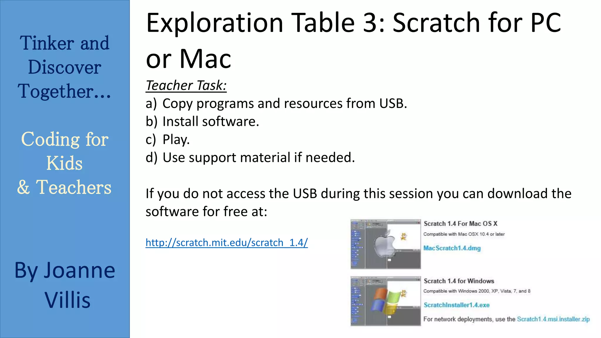 Tinker and 
Discover 
Together... 
Coding for 
Kids 
& Teachers 
By Joanne 
Villis 
Exploration Table 3: Scratch for PC 
or Mac 
Teacher Task: 
a) Copy programs and resources from USB. 
b) Install software. 
c) Play. 
d) Use support material if needed. 
If you do not access the USB during this session you can download the 
software for free at: 
http://scratch.mit.edu/scratch_1.4/ 
 