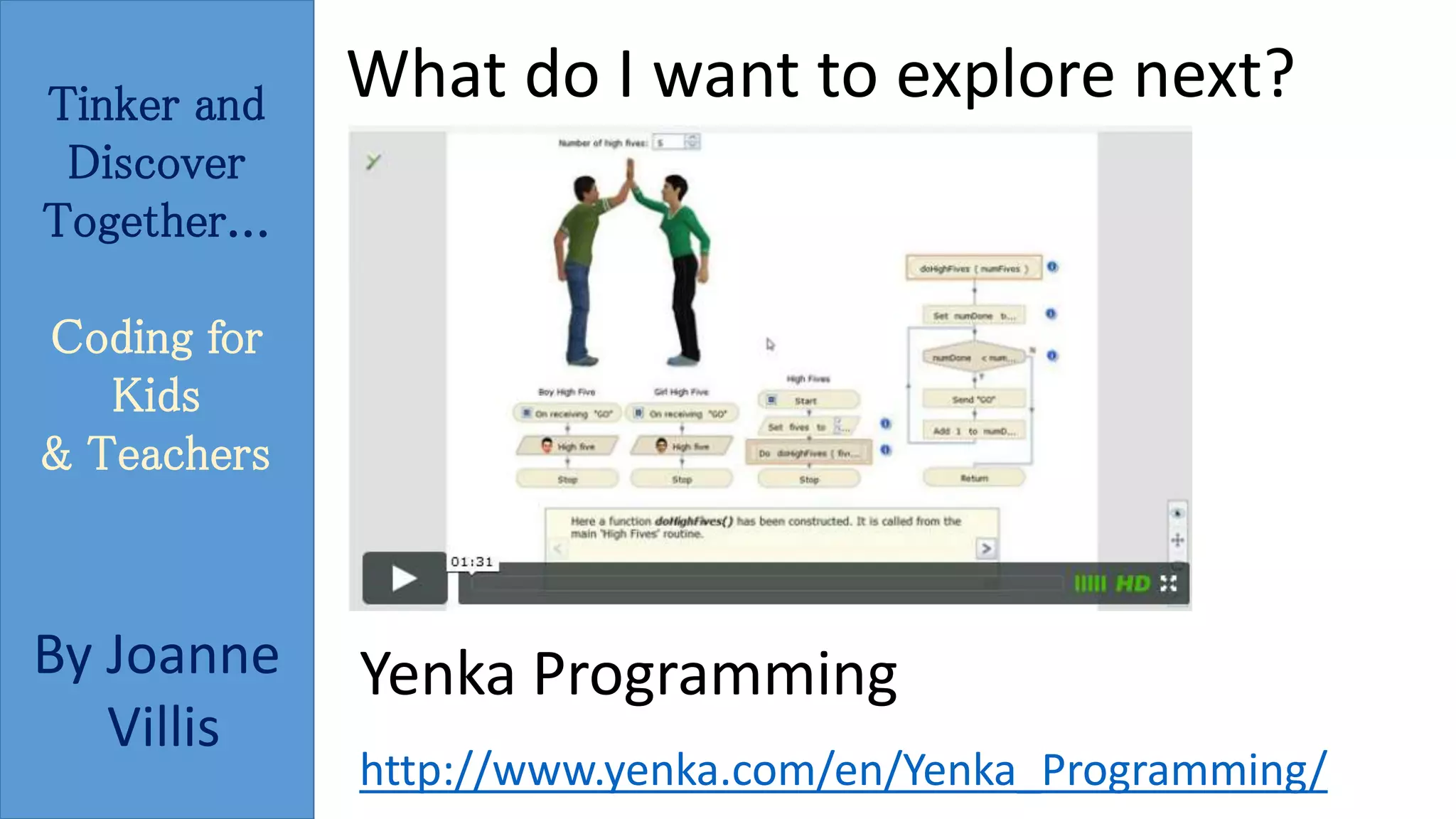 Tinker and 
Discover 
Together... 
Coding for 
Kids 
& Teachers 
By Joanne 
Villis 
What do I want to explore next? 
Yenka Programming 
http://www.yenka.com/en/Yenka_Programming/ 
 