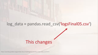 log_data = pandas.read_csv('logsFinal05.csv')
https://pandas.pydata.org/pandas-docs/stable/generated/pandas.read_csv.html
This changes
 