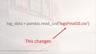 log_data = pandas.read_csv('logsFinal10.csv')
https://pandas.pydata.org/pandas-docs/stable/generated/pandas.read_csv.html
This changes
 