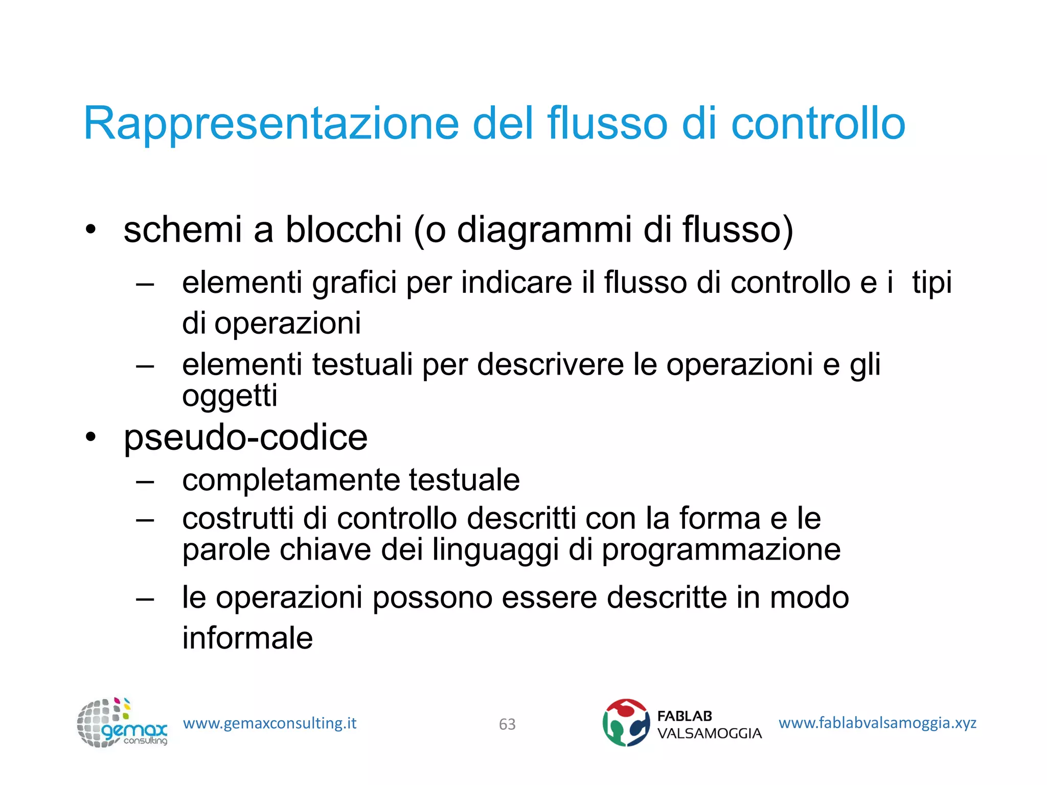 www.gemaxconsulting.it www.fablabvalsamoggia.xyz
Rappresentazione del flusso di controllo
• schemi a blocchi (o diagrammi di flusso)
– elementi grafici per indicare il flusso di controllo e i tipi
di operazioni
– elementi testuali per descrivere le operazioni e gli
oggetti
• pseudo-codice
– completamente testuale
– costrutti di controllo descritti con la forma e le
parole chiave dei linguaggi di programmazione
– le operazioni possono essere descritte in modo
informale
63
 