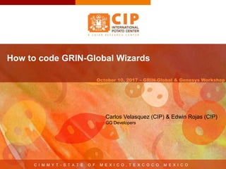 How to code GRIN-Global Wizards
October 10, 2017 – GRIN-Global & Genesys Workshop
C I M M Y T - S T A T E O F M E X I C O , T E X C O C O M E X I C O
Carlos Velasquez (CIP) & Edwin Rojas (CIP)
GG Developers
 