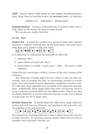 ADT Priority Queue ADT should at least support the following func-
tions. Some times we also like to have the decrease key(v, p) function.
insert(v, p) find min() delete min()
Implementation Common implementation of priority queue uses a
heap. Refer to the section for heap for more details.
We can also use doubly linked list.
2.1.12 List
Linked list A linked list consists of a group of nodes that together
represent a sequence (ordered list). In the basic form, each node stores
some data and a pointer to the next node.
It is important to understand the trade-offs of linked list:
1. Indexing: Θ(n)
2. Insert/delete at both ends: Θ(1).
3. Insert/delete in middle: search time + Θ(1). (No need to shift
elements)
Linked list has wasted space of Θ(n), because of the extra storage of the
references.
The advantage of singly linked list over others is that for some op-
erations, such as merging two lists, or enumerating elements in reverse
order, have very simple recursive algorithms, compared to iterative ones.
For other lists, these algorithm have to include extra arguments and base
cases. Additionally, linear singly linked lists allow tail-sharing, which is
using a common terminal sublist for two different lists. This is not okay
for doubly linked list or circular linked list, because a node cannot belong
to more than one list in those cases.
Doubly linked list A doubly linked list differs from singly linked list
in that each node has two references, one pointing to the next node, and
one pointing to the previous node.
The convenience of doubly linked list is that it allows traversal of the list
in either direction. In operating systems, doubly linked lists are used to
maintain active processes, threads, etc.
10
 