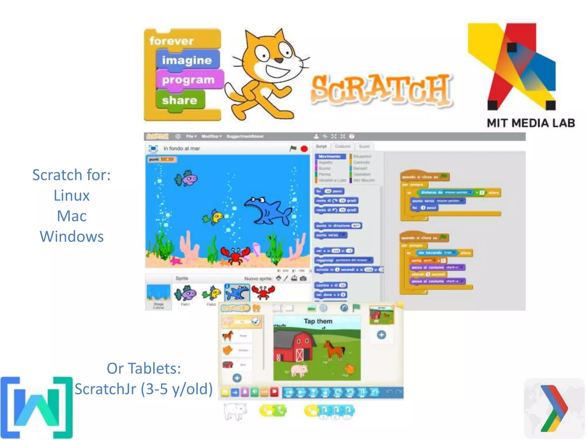 Or Tablets:
ScratchJr (3-5 y/old)
Scratch for:
Linux
Mac
Windows
 