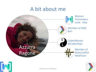 A bit about me
#GDGSummit15 #GDGBari
Azzurra
Ragone
Women
Techmakers
Lead - Italy
Member of GDG
Bari
CoderMentor
@CoderDojo
Member of
Matera2019
WebTeam
 