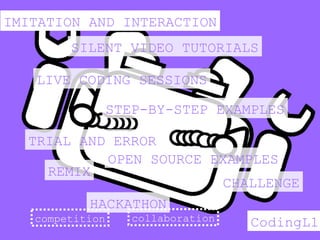 IMITATION AND INTERACTION
CodingL1
SILENT VIDEO TUTORIALS
LIVE CODING SESSIONS
STEP-BY-STEP EXAMPLES
TRIAL AND ERROR
OPEN ...