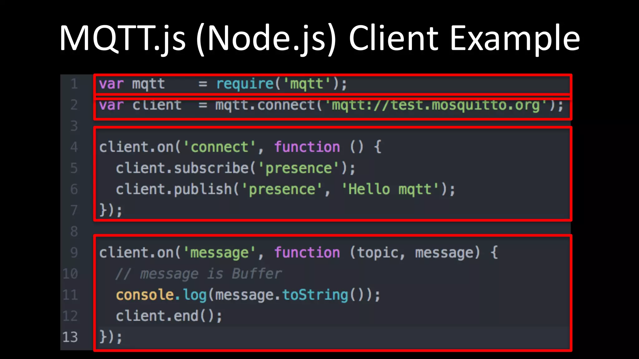 MQTT.js (Node.js)	Client	Example
 