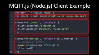 MQTT.js (Node.js)	Client	Example
 