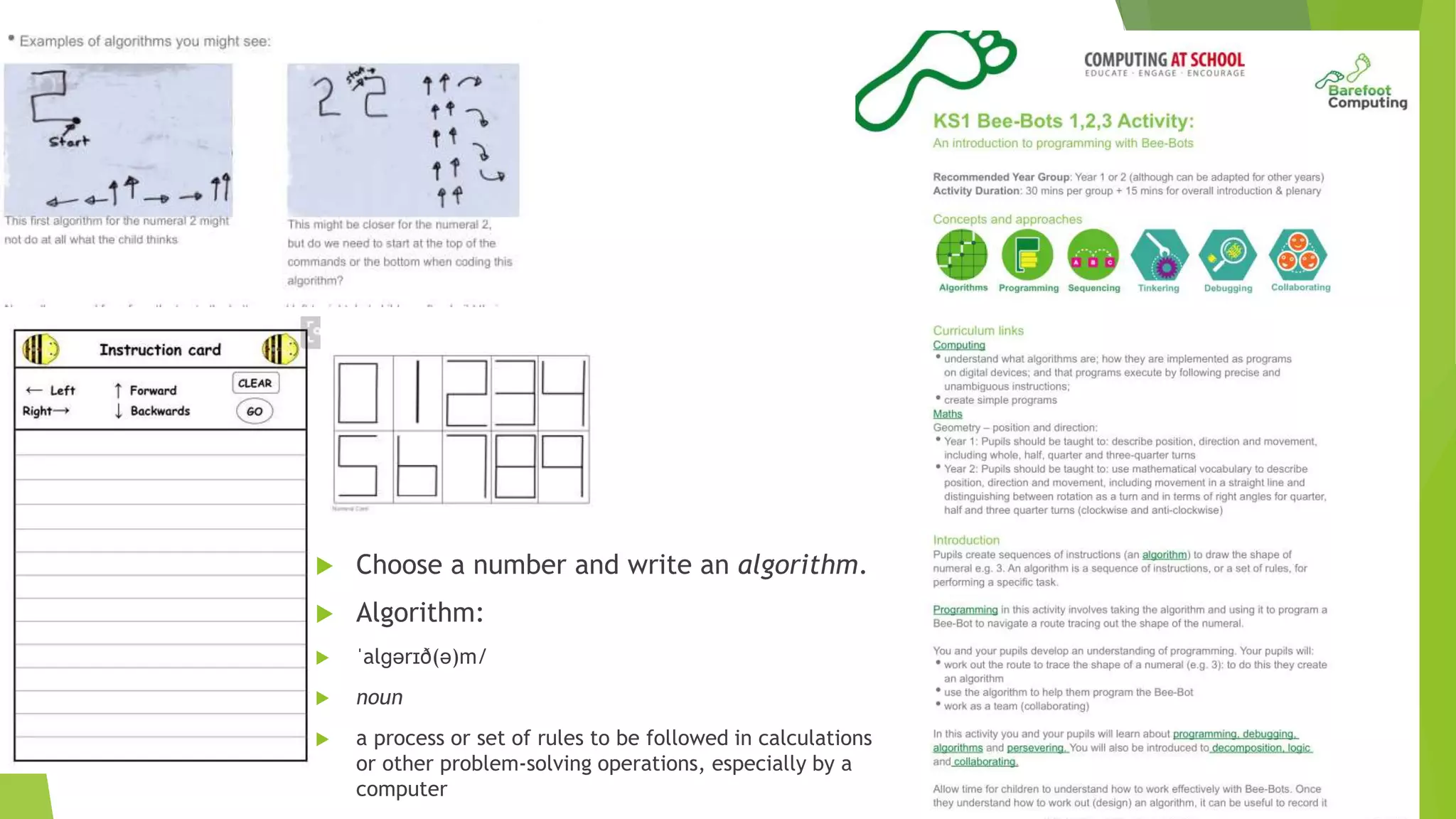 Choose a number and write an algorithm.
 Algorithm:
 ˈalɡərɪð(ə)m/
 noun
 a process or set of rules to be followed in calculations
or other problem-solving operations, especially by a
computer
 