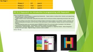KS1 & 2 Hopscotch: An introduction to programming with Hopscotch
Goals of the Hopscotch Curriculum:
- Equip students with a solid foundation in programming fundamentals. - Expose students to coding culture: iteration, pair programming,
accepting feedback, sharing and attribution.
- - Enable students to learn transferrable coding skills that prepare them for diving into another programming environment (like Java or
Ruby.)
- - Build self-confidence and comfort taking risks and making mistakes. By learning to program, your students’ creative, analytical, and
abstract thinking skills will improve, and it will show in their performance in other disciplines. Coding is not just for future software
engineers
- —it’s something that anyone can and should explore! OVERVIEW 02 HELLO! This curriculum builds a foundation in the following
Computational Thinking principles: - Decomposition: breaking a problem into smaller problems
- - Generalization: seeing the bigger problem - Abstraction: understanding significant vs. insignificant details - Pattern Recognition:
deciding which parts repeat - Algorithm Design: a process to solve a problem
Format: iPad App
 