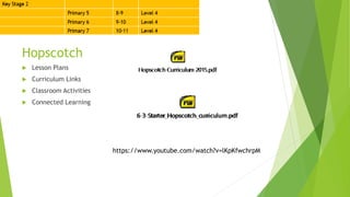 Hopscotch
 Lesson Plans
 Curriculum Links
 Classroom Activities
 Connected Learning
https://www.youtube.com/watch?v=lKpKfwchrpM
 