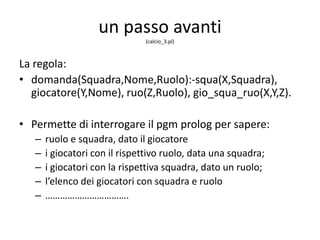 un passo avanti
Possiamo creare un’altra serie di fatti che metta in relazione le tre classi
gio_squa_ruo(1, 1, di).
gio_squa_ruo(1, 2, di).
gio_squa_ruo(1, 3, di).
gio_squa_ruo(1, 4, di).
gio_squa_ruo(2, 5, at).
gio_squa_ruo(2, 6, po).
gio_squa_ruo(3, 7, at).
La prima riga indica:
squadra con codice 1 (inter),
giocatore con codice 1 (andreolli),
ruolo con codice di (difensore), in altri
termini: il difensore andreolli gioca
nell’inter
 