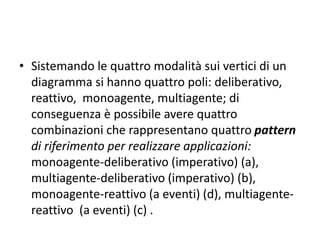 Si possono individuare quattro modalità di costruzione dei programmi:
monoagente, multiagente, deliberativa e reattiva:
• modalità monoagente: si riferisce a realizzazioni che si sviluppano con una
sola programmazione; l’applicazione risiede in un unico nodo elaborativo
che vive in un solo agente;
• modalità multiagente: le applicazioni risiedono su più nodi elaborativi
(elaborazione distribuita) e vivono in più agenti; si hanno, cioè, diverse
programmazioni che svolgono operazioni differenti nell’ambito di una
macro–applicazione;
• modalità deliberativa: indica la possibilità di sviluppare una applicazione
attraverso una programmazione predeterminata, rispettata passo dopo
passo, isolata rispetto all’ambiente circostante;
• modalità reattiva: in una applicazione è possibile interagire con
l’ambiente della stessa e con l’esterno; gli eventuali agenti possono
interagire fra di loro. Il suo sviluppo non è rigidamente predeterminato,
ma può tener conto delle interazioni che si sviluppano.
 