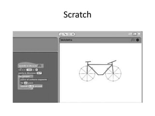 Molteplici sono gli ambienti per la composizione di programmi ed è
possibile individuare una distinzione:
• fra quelli che permettono la scrittura del codice in un ambiente
testuale
• e quelli che mettono a disposizione un ambiente dove inserire le
istruzioni del linguaggio (in genere prelevabili da elenchi già
predisposti) e vicino un ambiente grafico ove vivono gli agenti
dell’applicazione.
Oggi, generalmente, le applicazioni, sviluppate secondo i dettami di uno
qualunque dei pattern presentati in precedenza, vivono in ambienti del
secondo tipo. Nelle figure seguenti sono riportati quelli di Scratch e di
Snap!
 