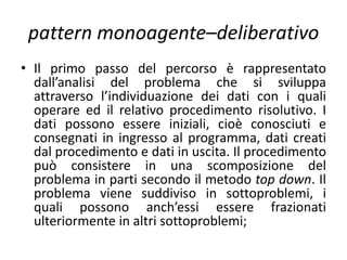 pattern
• pattern monoagente-deliberativo
• pattern multiagente-deliberativo
• pattern monoagente-reattivo
• pattern multiagente-reattivo
 