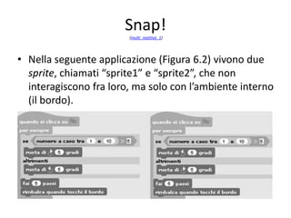 pattern multiagente-reattivo
• Diversamente dal precedente, il pattern decentralizzato-reattivo individua
animazioni nelle quali possono vivere più sprite/agenti e permette
interazioni fra loro e con gli ambienti esterno e interno.
• Tutto ciò permette, indifferentemente, un agire autonomo e indipendente
dall’azione degli altri sprite, oppure una collaborazione fra essi.
 