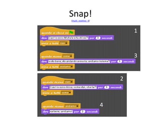 pattern multiagente-reattivo
• Altresì, è possibile far cooperare i due sprite sulla scena
del racconto di una storia, di un gioco, di una
simulazione. Uno sprite potrebbe invitare un altro a
eseguire delle azioni. In una storia potrebbero costruire
un dialogo, alternandosi in modo sincronizzato. È
possibile realizzare una sincronizzazione inserendo i
messaggi di uno sprite in una sequenza temporale e
quelli dell’altro in un’altra sequenza che non si
sovrapponga alla prima e, nell’insieme, le due
sequenze restituiscano un colloquio corretto fra i due
protagonisti. Tuttavia esiste una diversa modalità che
prevede che i due sprite si passino la parola (figura
seguente)
 