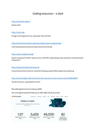 Coding resources – a start
https://codeclub.org/en/
Starterstuff
https://code.org/
All ages,lotsof gamesto try, especially‘Hourof Code’
https://www.khanacademy.org/computing/computer-programming
Internationallyacclaimedlearningresource forall levels
https://www.raspberrypi.org/
Builda computerforc£25! Latestversionc.£45-£65, dependingonspecandextras.Couldwe build
computers?
https://www.barefootcomputing.org/
Free primaryschool resources.Greatforhelpingyoungchildrentogetintocomputing.
https://code.likeagirl.io/20-of-the-best-free-resources-to-learn-how-to-code-f23b9ba695f9
Top 20 resources:a goodplace to start!
RhonddaDigital Festival inFebruary2020
Girlsonlydigital weekend February 21-24th 2020 (16-25 yearolds)
 