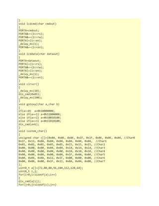 } 
void lcdcmd(char cmdout) 
{ 
PORTA=cmdout; 
PORTA&=~(1<<rs); 
PORTA&=~(1<<rw); 
PORTA|=(1<<en); 
_delay_ms(1); 
PORTA&=~(1<<en); 
} 
void lcddata(char dataout) 
{ 
PORTA=dataout; 
PORTA|=(1<<rs); 
PORTA&=~(1<<rw); 
PORTA|=(1<<en); 
_delay_ms(1); 
PORTA&=~(1<<en); 
} 
void clrscr() 
{ 
_delay_ms(10); 
dis_cmd(0x01); 
_delay_ms(100); 
} 
void gotoxy(char a,char b) 
{ 
if(a==0) a=0b10000000; 
else if(a==1) a=0b11000000; 
else if(a==2) a=0b10010100; 
else if(a==3) a=0b11010100; 
dis_cmd(a+b); 
} 
void custom_char() 
{ 
unsigned char c[]={0x04, 0x0E, 0x0E, 0x1F, 0x1F, 0x0E, 0x0E, 0x04, //Char0 
0x1F, 0x11, 0x0A, 0x04, 0x04, 0x04, 0x04, 0x04, //Char1 
0x01, 0x01, 0x01, 0x05, 0x05, 0x15, 0x15, 0x15, //Char2 
0x00, 0x00, 0x00, 0x04, 0x04, 0x14, 0x14, 0x14, //Char3 
0x00, 0x00, 0x00, 0x00, 0x00, 0x10, 0x10, 0x10, //Char4 
0x00, 0x00, 0x0A, 0x00, 0x04, 0x1F, 0x0A, 0x04, //Char5 
0x00, 0x04, 0x0A, 0x11, 0x1F, 0x00, 0x00, 0x00, //Char6 
0x00, 0x00, 0x00, 0x1F, 0x11, 0x0A, 0x04, 0x00, //Char7 
}; 
uint8_t a[]={72,80,88,96,104,112,120,64}; 
uint8_t i,j; 
for(i=0;i<sizeof(a);i++) 
{ 
dis_cmd(a[i]); 
for(j=0;j<sizeof(c);j++) 
 