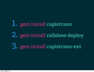 1. gem install capistrano
                        2. gem install railsless-deploy
                        3. gem install c...