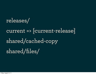 releases/
          current => {current-release}
          shared/cached-copy
          shared/ﬁles/


Friday, August 12, ...