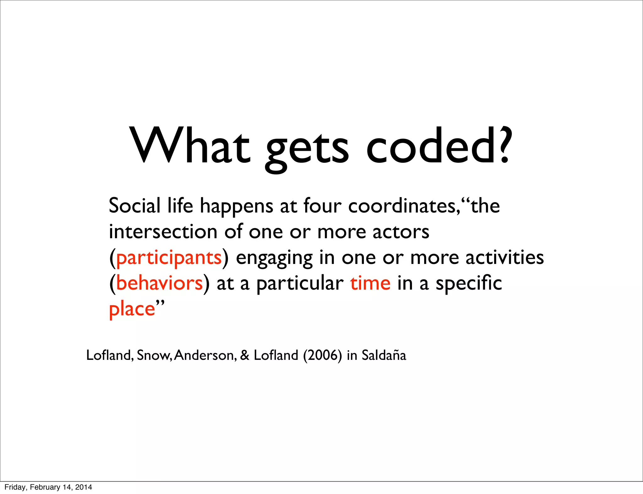 What gets coded?
Social life happens at four coordinates,“the
intersection of one or more actors
(participants) engaging in one or more activities
(behaviors) at a particular time in a speciﬁc
place”
Loﬂand, Snow, Anderson, & Loﬂand (2006) in Saldaña

Friday, February 14, 2014

 