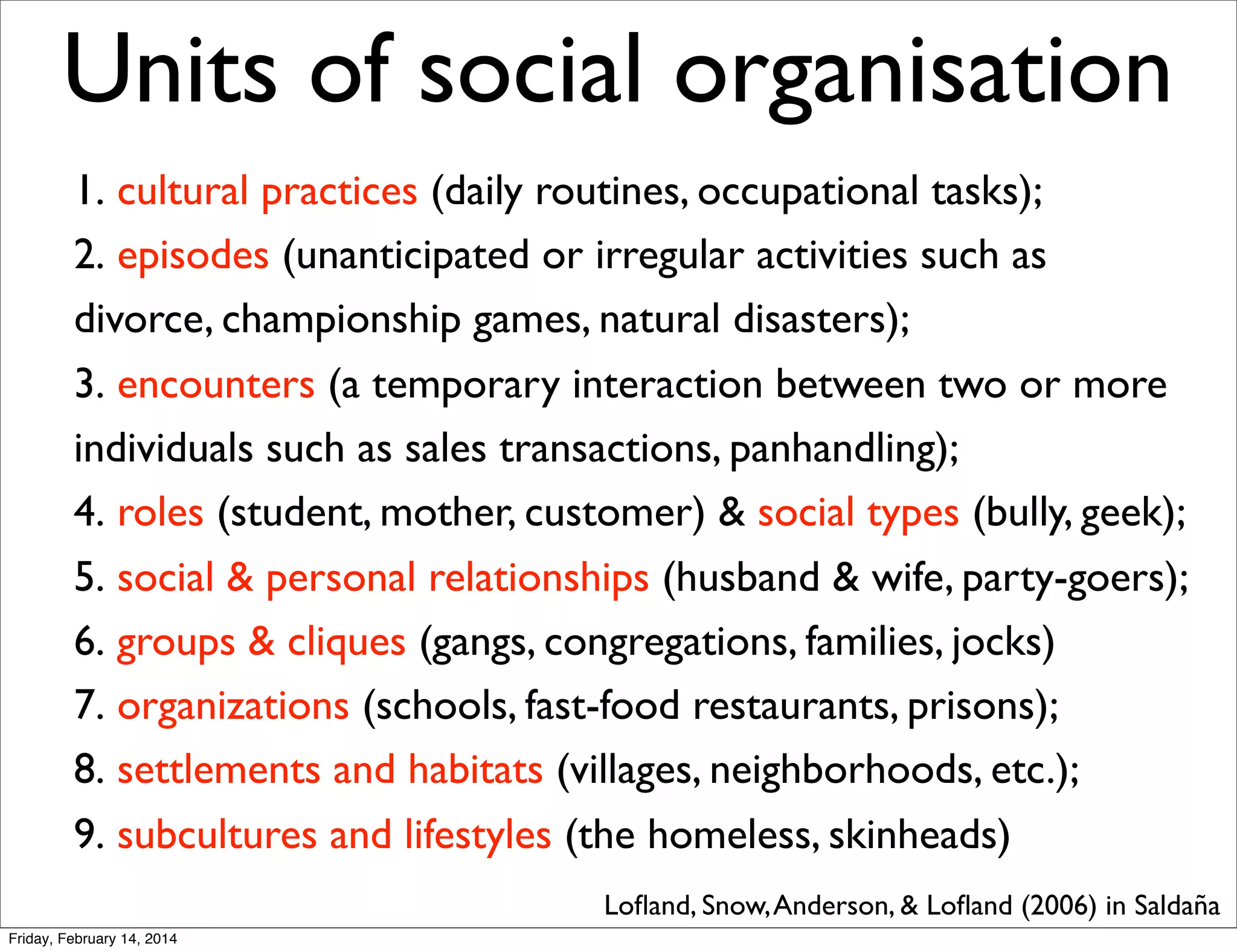 Units of social organisation
1. cultural practices (daily routines, occupational tasks);
2. episodes (unanticipated or irregular activities such as
divorce, championship games, natural disasters);
3. encounters (a temporary interaction between two or more
individuals such as sales transactions, panhandling);
4. roles (student, mother, customer) & social types (bully, geek);
5. social & personal relationships (husband & wife, party-goers);
6. groups & cliques (gangs, congregations, families, jocks)
7. organizations (schools, fast-food restaurants, prisons);
8. settlements and habitats (villages, neighborhoods, etc.);
9. subcultures and lifestyles (the homeless, skinheads)
Loﬂand, Snow, Anderson, & Loﬂand (2006) in Saldaña
Friday, February 14, 2014

 