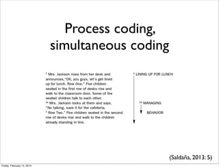 Process coding,
simultaneous coding

(Saldaña, 2013: 5)
Friday, February 14, 2014

 