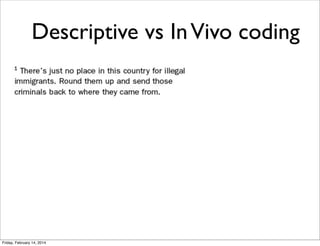 Descriptive vs In Vivo coding

Friday, February 14, 2014

 