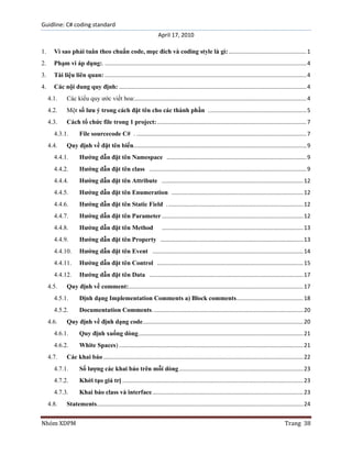 Guidline: C# coding standard
April 17, 2010
1.

Vì sao phải tuân theo chuẩn code, mục đích và coding style là gì: ................................................. 1

2.

Phạm vi áp dụng:. ............................................................................................................................... 4

3.

Tài liệu liên quan: ............................................................................................................................... 4

4.

Các nội dung quy định: ...................................................................................................................... 4
4.1.

Các kiểu quy ước viết hoa:............................................................................................................ 4

4.2.

Một số lưu ý trong cách đặt tên cho các thành phần .............................................................. 5

4.3.

Cách tổ chức file trong 1 project: .............................................................................................. 7

4.3.1.
4.4.

File sourcecode C# . ........................................................................................................... 7

Quy định về đặt tên biến............................................................................................................. 9

4.4.1.

Hướng dẫn đặt tên Namespace ........................................................................................ 9

4.4.2.

Hướng dẫn đặt tên class ................................................................................................... 9

4.4.4.

Hướng dẫn đặt tên Attribute ......................................................................................... 12

4.4.5.

Hướng dẫn đặt tên Enumeration ................................................................................... 12

4.4.6.

Hướng dẫn đặt tên Static Field . ..................................................................................... 12

4.4.7.

Hướng dẫn đặt tên Parameter ......................................................................................... 12

4.4.8.

Hướng dẫn đặt tên Method

4.4.9.

Hướng dẫn đặt tên Property .......................................................................................... 13

4.4.10.

Hướng dẫn đặt tên Event ............................................................................................... 14

4.4.11.

Hướng dẫn đặt tên Control ............................................................................................ 15

4.4.12.

Hướng dẫn đặt tên Data ................................................................................................. 17

4.5.

......................................................................................... 13

Quy định về comment:.............................................................................................................. 17

4.5.1.

Định dạng Implementation Comments a) Block comments .......................................... 18

4.5.2.

Documentation Comments. .............................................................................................. 20

4.6.

Quy định về định dạng code ..................................................................................................... 20

4.6.1.

Quy định xuống dòng........................................................................................................ 21

4.6.2.

White Spaces) .................................................................................................................... 21

4.7.

Các khai báo .............................................................................................................................. 22

4.7.1.

Số lượng các khai báo trên mỗi dòng .............................................................................. 23

4.7.2.

Khởi tạo giá trị .................................................................................................................. 23

4.7.3.

Khai báo class và interface ............................................................................................... 23

4.8.

Statements.................................................................................................................................. 24

Nhóm XDPM

Trang 38

 