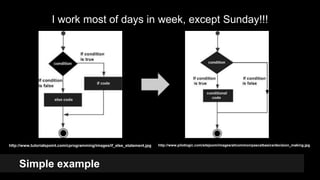 Simple example
I work most of days in week, except Sunday!!!
http://www.tutorialspoint.com/cprogramming/images/if_else_statement.jpg http://www.pilotlogic.com/sitejoom/images/allcommon/pascalbasics/decision_making.jpg
13
 