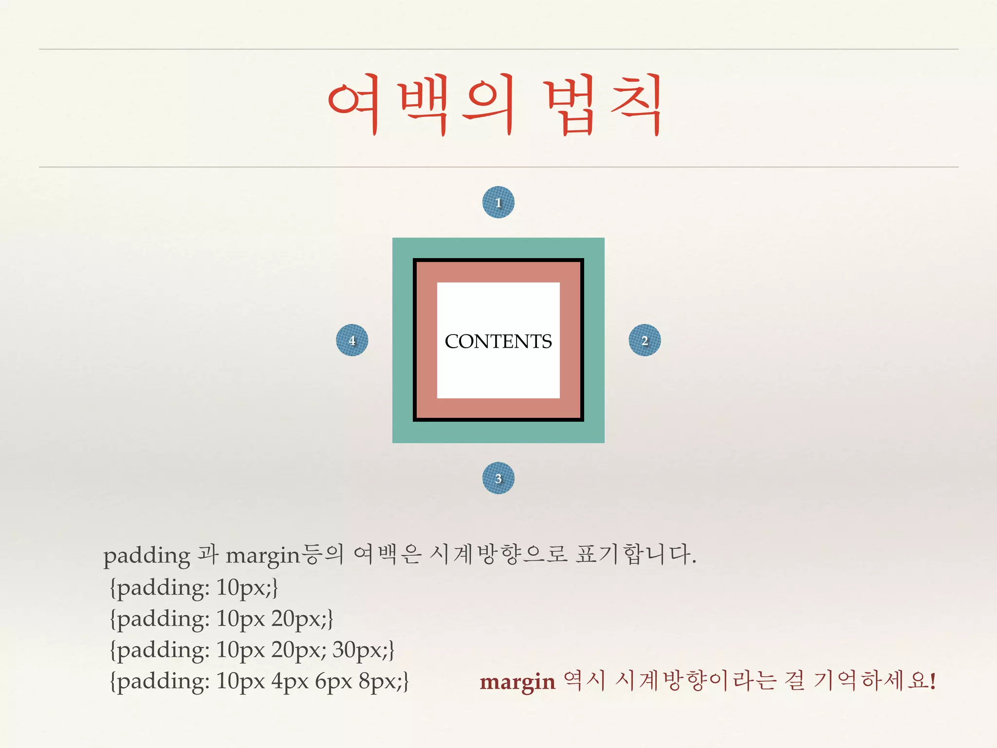 여백의 법칙 
1 
CONTENTS 
2 
3 
4 
padding 과 margin등의 여백은 시계방향으로 표기합니다. 
{padding: 10px;} 
{padding: 10px 20px;} 
{padding: 10px 20px; 30px;} 
{padding: 10px 4px 6px 8px;} margin 역시 시계방향이라는 걸 기억하세요! 
 