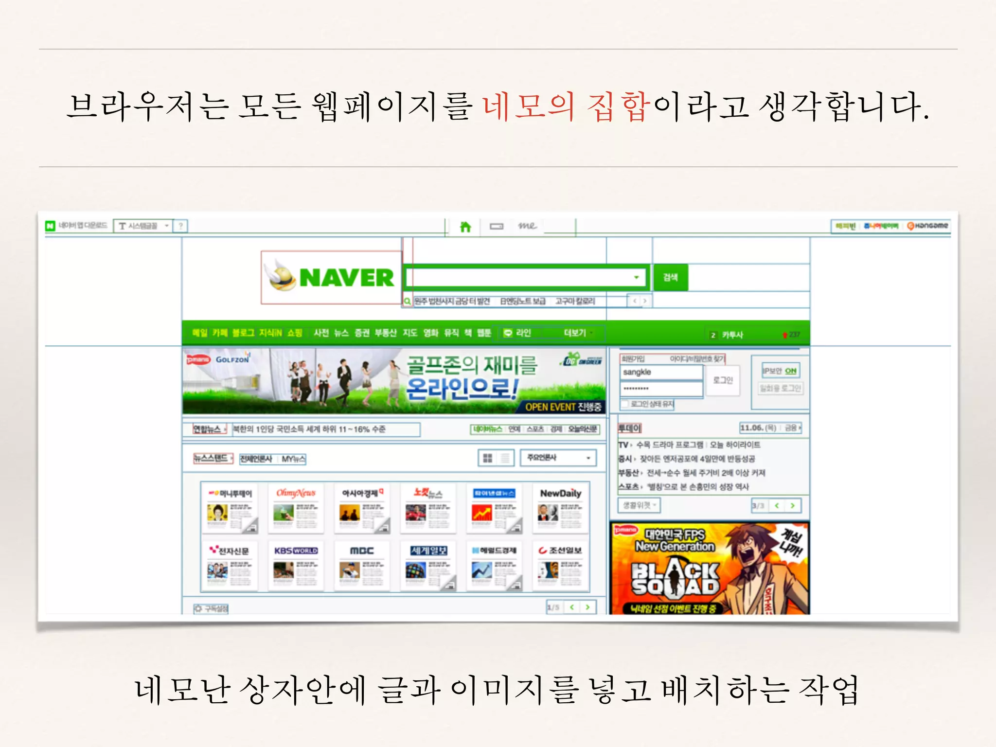 브라우저는 모든 웹페이지를 네모의 집합이라고 생각합니다. 
네모난 상자안에 글과 이미지를 넣고 배치하는 작업 
 