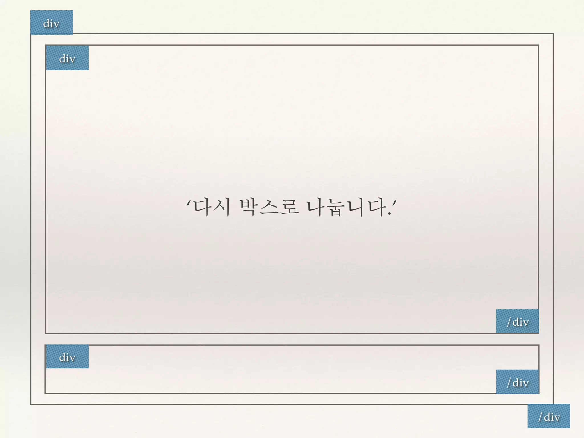 ‘다시 박스로 나눕니다.’ 
div 
/div 
div 
/div 
/div 
div 
 