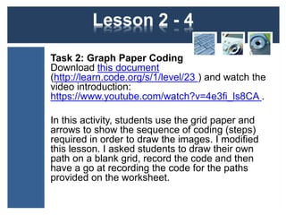 Lesson 2 - 4 
Task 2: Graph Paper Coding 
Download this document 
(http://learn.code.org/s/1/level/23 ) and watch the 
video introduction: 
https://www.youtube.com/watch?v=4e3fi_ls8CA . 
In this activity, students use the grid paper and 
arrows to show the sequence of coding (steps) 
required in order to draw the images. I modified 
this lesson. I asked students to draw their own 
path on a blank grid, record the code and then 
have a go at recording the code for the paths 
provided on the worksheet. 
 