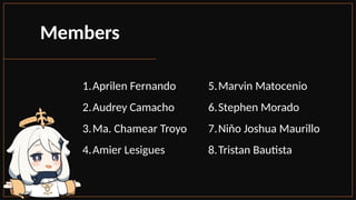 Members
1.Aprilen Fernando
2.Audrey Camacho
3.Ma. Chamear Troyo
4.Amier Lesigues
5.Marvin Matocenio
6.Stephen Morado
7.Niňo Joshua Maurillo
8.Tristan Bautista
 