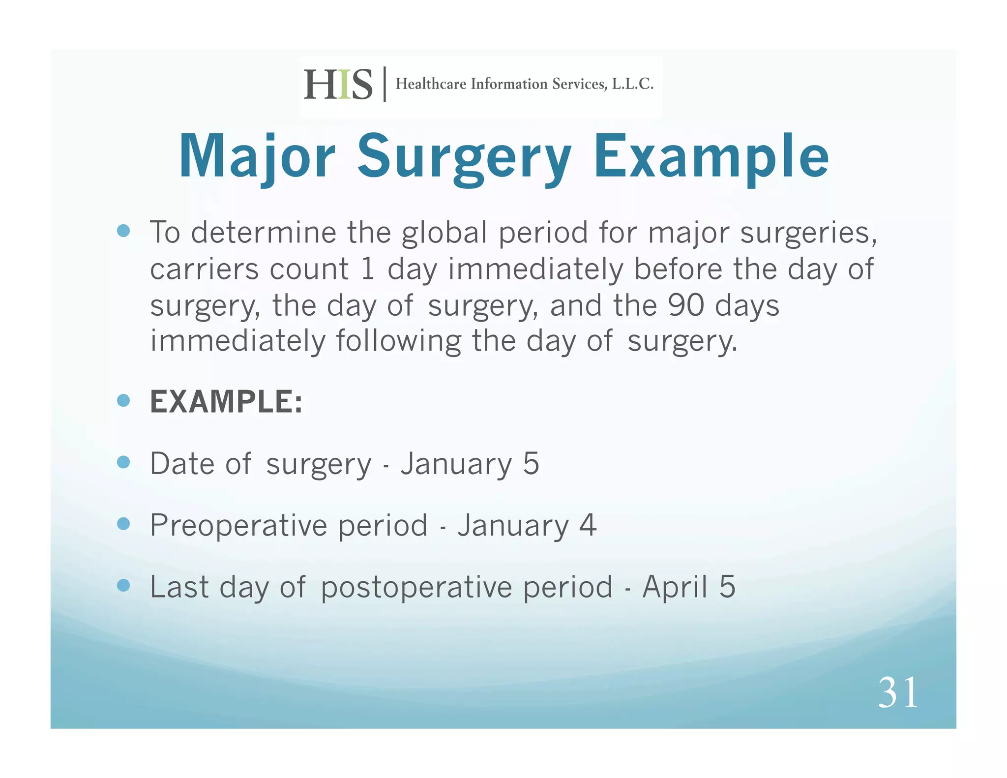 Major Surgery Example
  To determine the global period for major surgeries,
  carriers count 1 day immediately before the day of
  surgery, the day of surgery, and the 90 days
  immediately following the day of surgery.

  EXAMPLE:
  Date of surgery - January 5
  Preoperative period - January 4
  Last day of postoperative period - April 5


                                                       31
 