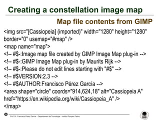 23
Prof. Dr. Francisco Pérez García – Departament de Tecnologia – Institut Pompeu Fabra
Creating a constellation image map
Map file contents from GIMP
<img src="[Cassiopeia] (imported)" width="1280" height="1280"
border="0" usemap="#map" />
<map name="map">
<!-- #$-:Image map file created by GIMP Image Map plug-in -->
<!-- #$-:GIMP Image Map plug-in by Maurits Rijk -->
<!-- #$-:Please do not edit lines starting with "#$" -->
<!-- #$VERSION:2.3 -->
<!-- #$AUTHOR:Francisco Pérez García -->
<area shape="circle" coords="914,624,18" alt="Cassiopeia A"
href="https://en.wikipedia.org/wiki/Cassiopeia_A" />
</map>
 