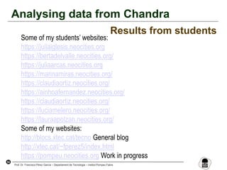 54
Prof. Dr. Francisco Pérez García – Departament de Tecnologia – Institut Pompeu Fabra
Analysing data from Chandra
Results from students
Some of my students’ websites:
https://juliaiglesis.neocities.org
https://bertadelvalle.neocities.org/
https://juliaarcas.neocities.org
https://marinamiras.neocities.org/
https://claudiaortiz.neocities.org/
https://ainhoafernandez.neocities.org/
https://claudiaortiz.neocities.org/
https://luciamelero.neocities.org/
https://lauraapolzan.neocities.org/
Some of my websites:
http://blocs.xtec.cat/tecno General blog
http://xtec.cat/~fperez5/index.html
https://pompeu.neocities.org Work in progress
 