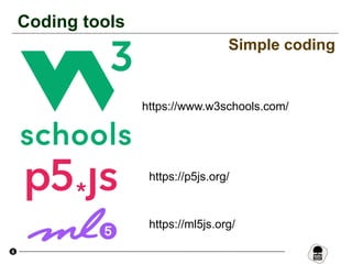 6
Coding tools
Simple coding
https://ml5js.org/
https://www.w3schools.com/
https://p5js.org/
 